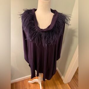 Chico's Dark Purple Feather-Trimmed Cowl Neck Cape, L/XL
